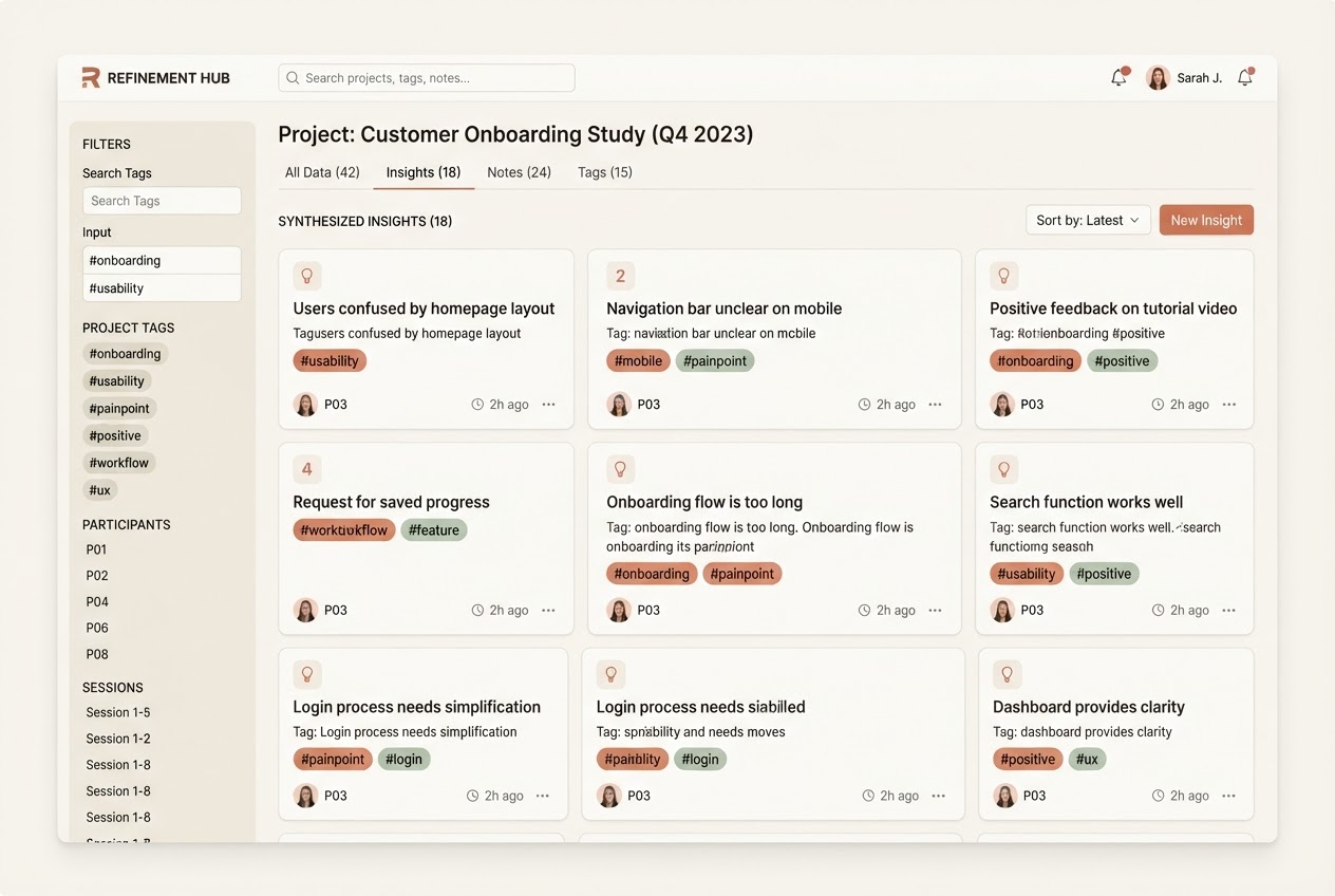 Fieldnote research workspace showing a project's synthesized insights as a grid of tagged cards.