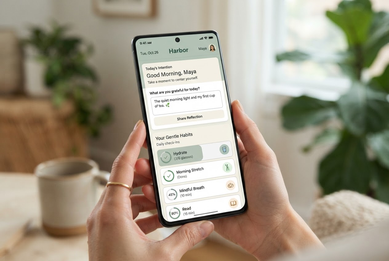 Harbor mobile app held in a hand, showing a morning check-in and a list of daily habits.