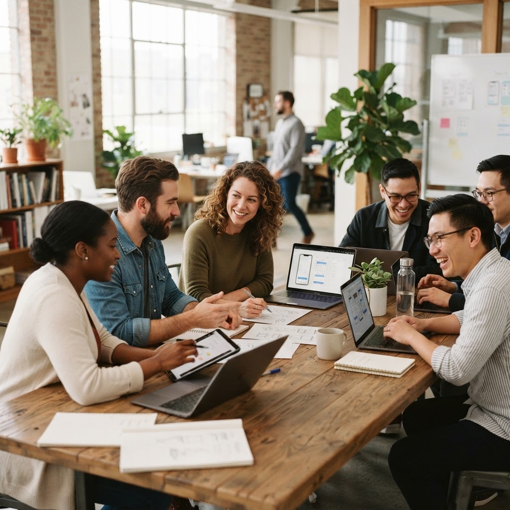 A diverse team collaborating around a wooden table with laptops, tablets and notebooks in a bright studio.