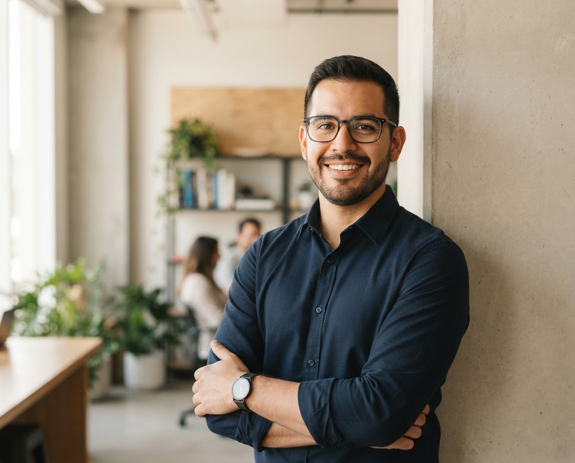 Portrait of Eli Navarro standing with arms crossed in a bright studio.