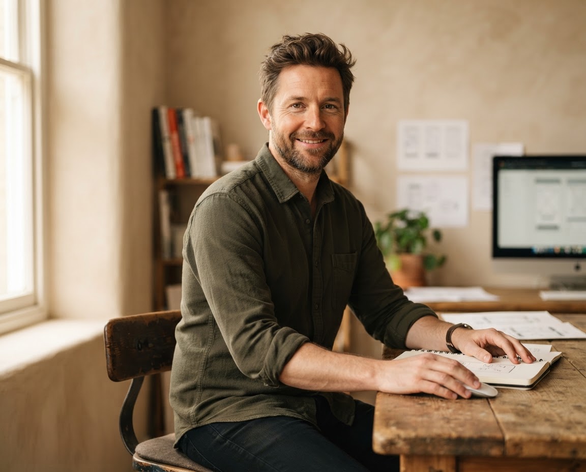 Portrait of Jon Bell sketching at a desk beside a window.