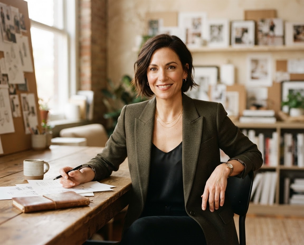 Portrait of Mara Thorman seated at a desk in a sunlit studio.