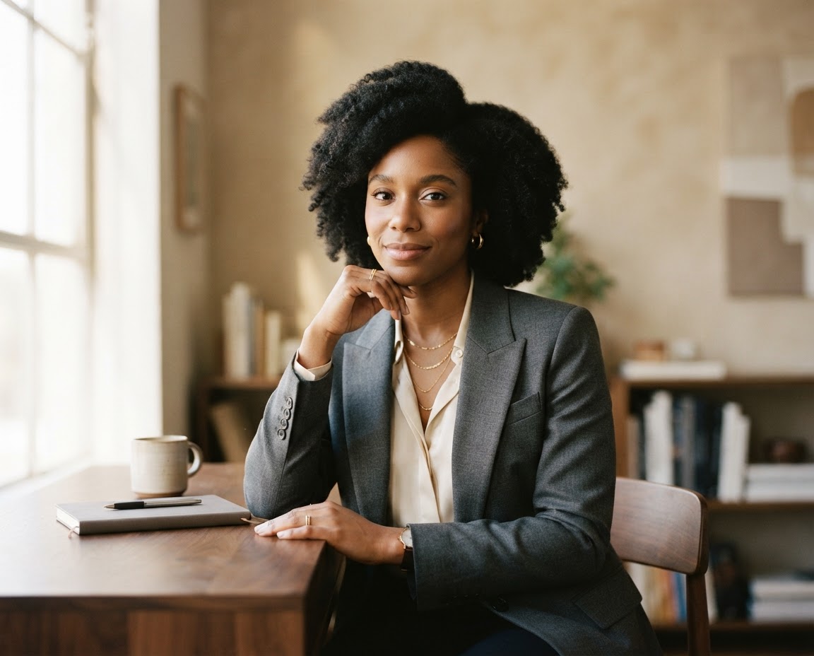 Portrait of Nina Okafor resting her chin on her hand at a wooden desk.