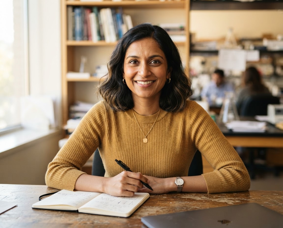 Portrait of Samira Patel smiling with a pen and open notebook.