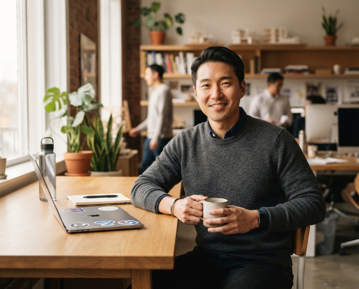 Portrait of Theo Park holding a mug at a desk with a laptop.
